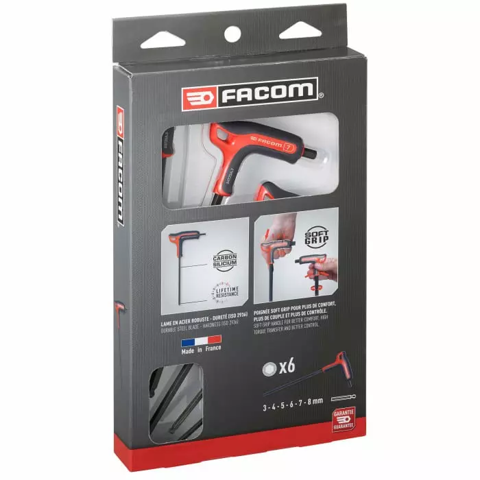Facom 6 piece T Shape Metric Hex Key Set, 3 - 4 - 5 - 6 - 7 - 8mm, 84TZSA.PB