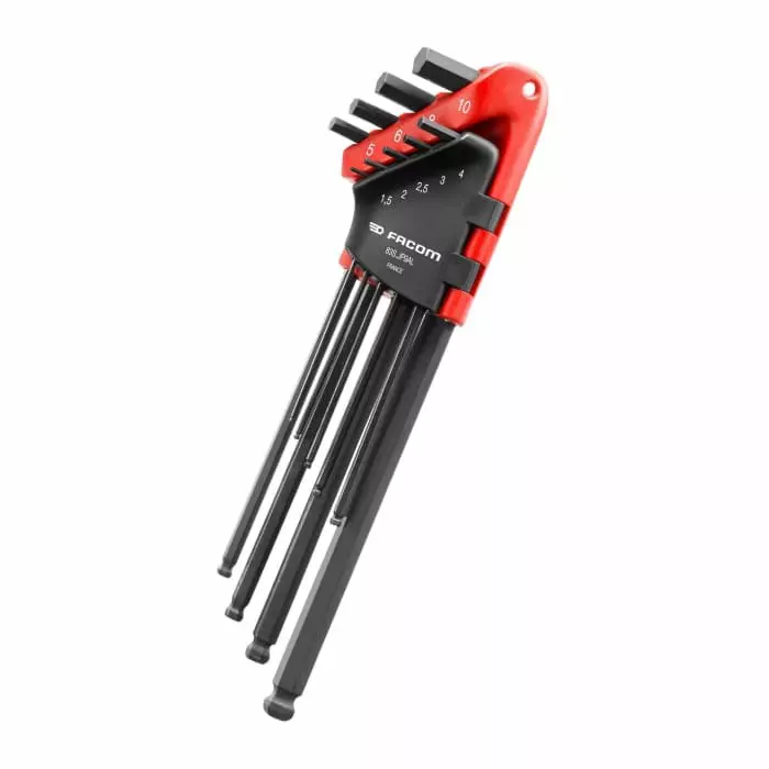 Facom 9 piece L Shape Metric Hex Key, 1.5 - 2.5 - 2 - 3 - 4 - 5 - 6 - 8 - 10mm, 83S.JP9ALPF