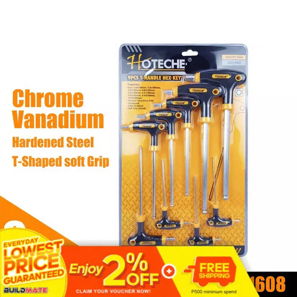 Hoteche 9 Pcs T Handle Hex Key Kit CR-V Soft Grip for Industrial Use, 261608