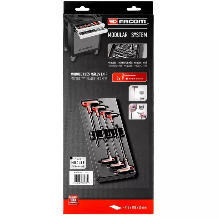 Facom 7-Piece Torx Key Set, T10 - T15 - T20 - T25 - T27 - T30 - T40 Size, P Shape, Long, Short Arm, MOD.89TXAPB