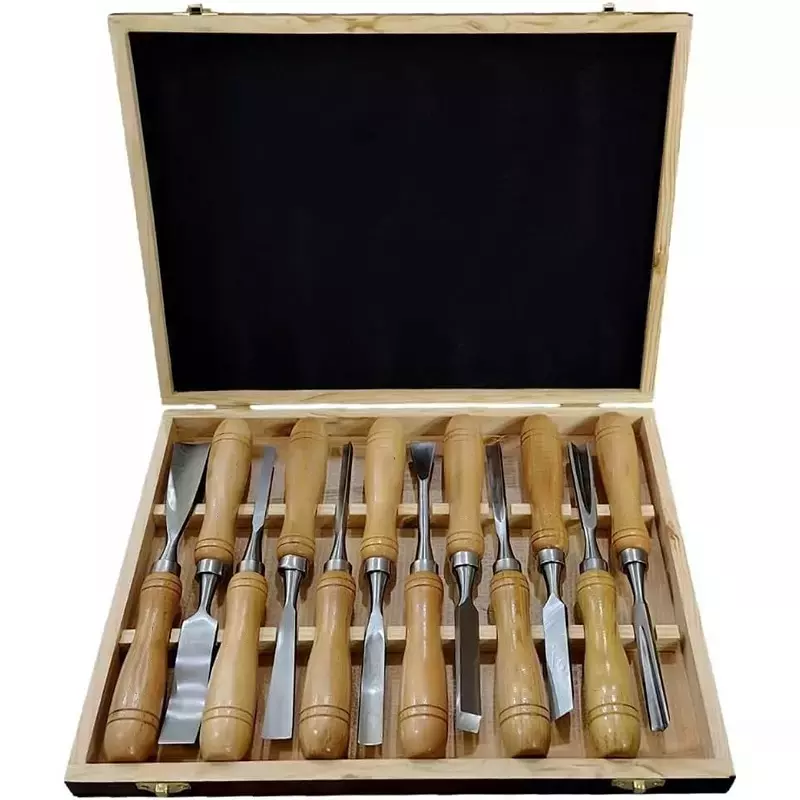 Buyohlic International Chromium-Vanadium Steel Blade Chisel Set with Wooden Box for Wood Working, Carving, X4-S68A-UD16 (Set of 12)