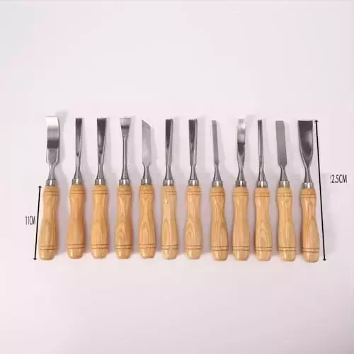 Buyohlic International Chromium-Vanadium Steel Blade Chisel Set with Wooden Box for Wood Working, Carving, X4-S68A-UD16 (Set of 12)