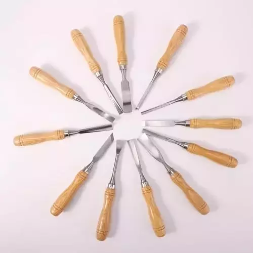 Buyohlic International Chromium-Vanadium Steel Blade Chisel Set with Wooden Box for Wood Working, Carving, X4-S68A-UD16 (Set of 12)