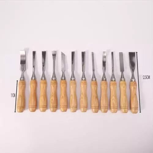 A.D INTERNATIONAL Chromium-Vanadium Steel Blade Chisel Set with Wooden Box for Wood Working, Carving, X4-S68A-UD16 (Set of 12)
