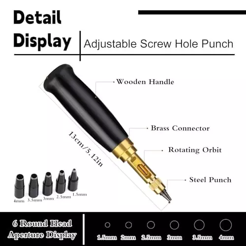 Mnuizu Adjustable Japanese Screw Punch with 6 Tip Size for Sewing, Leather Craft, Paper Craft, Bookbinding, 1H-AMLK-CGBW