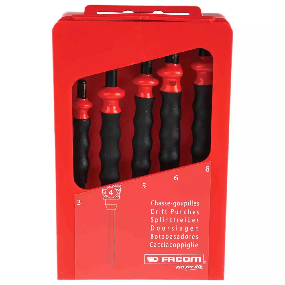 Facom 5-Piece Punch Set, Anti-Vibration Punch, 3 - 8 mm Shank, 249.GPB