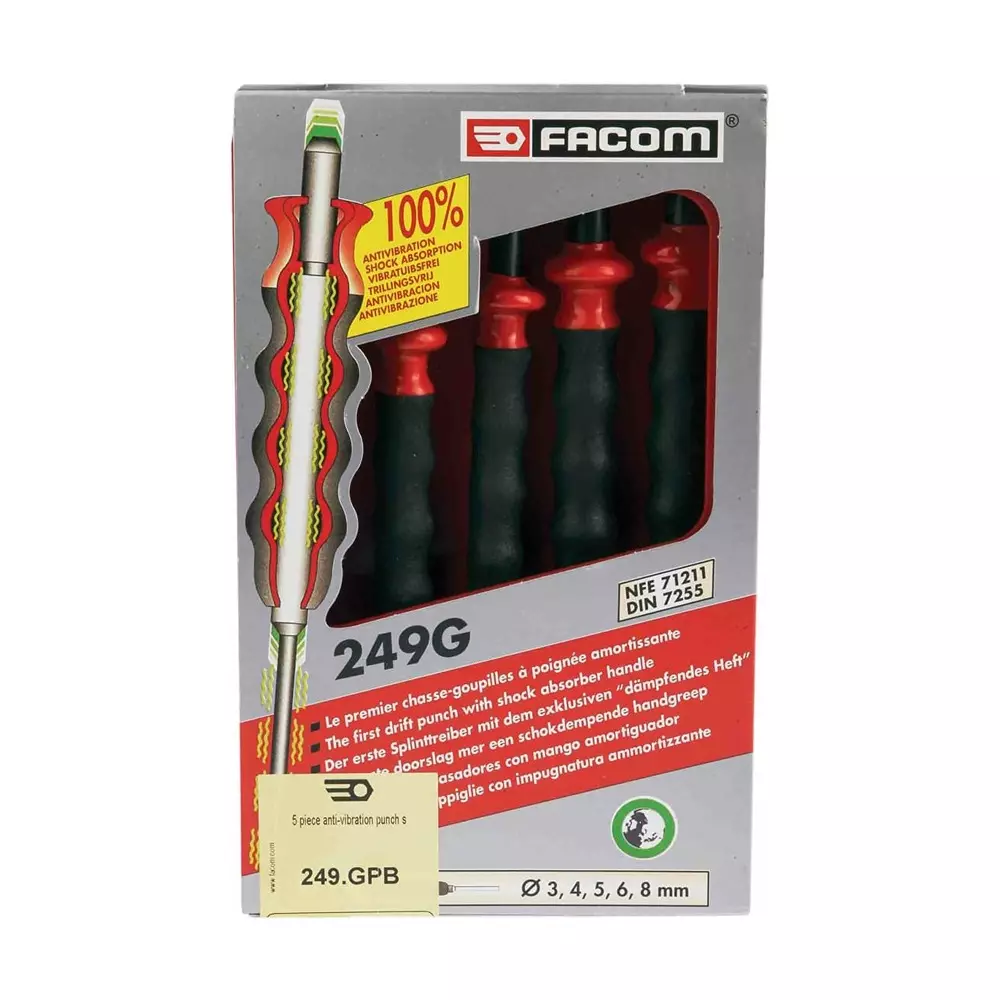Facom 5-Piece Punch Set, Anti-Vibration Punch, 3 - 8 mm Shank, 249.GPB