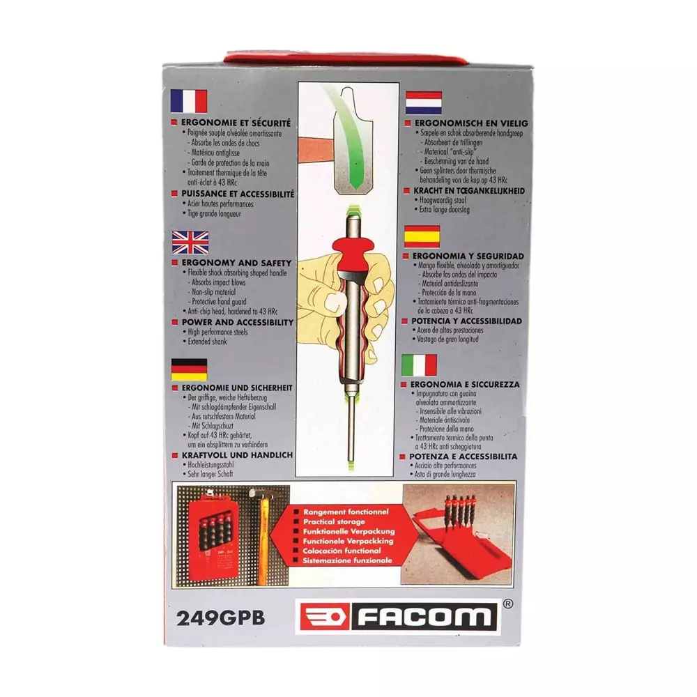 Facom 5-Piece Punch Set, Anti-Vibration Punch, 3 - 8 mm Shank, 249.GPB