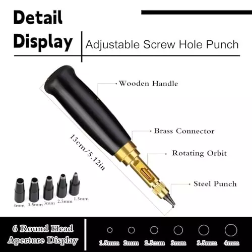 A.D INTERNATIONAL Adjustable Japanese Screw Punch with 6 Tip Sizes for Leather Craft, Paper, Cutting Rubber, Plastic, BF-1R60-3APO