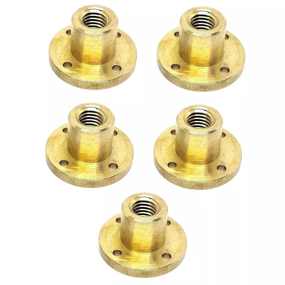 Invento T Nut Brass Round Flange 10 mm Trapezoidal Metric Thread 2 mm Pitch 19 mm Length, ISC 1887-3 (Pack of 5 Pcs)