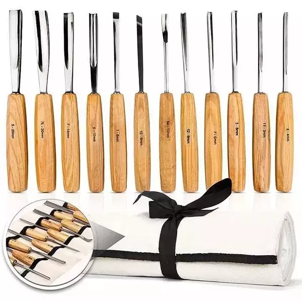 Buyohlic International Wood Carving Tools Set with Mallet, Canvas Case for Beginners and Professionals, 100-CS-150 (Set of 12)