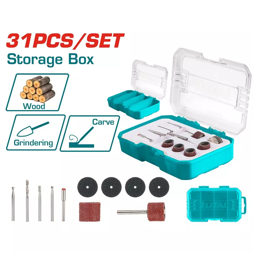 Total Wood Carving And Sanding Set For Mini Drill 3 mm (1/8 inch) Shank Type, TAKMG1030 (Set of 31 Pcs)