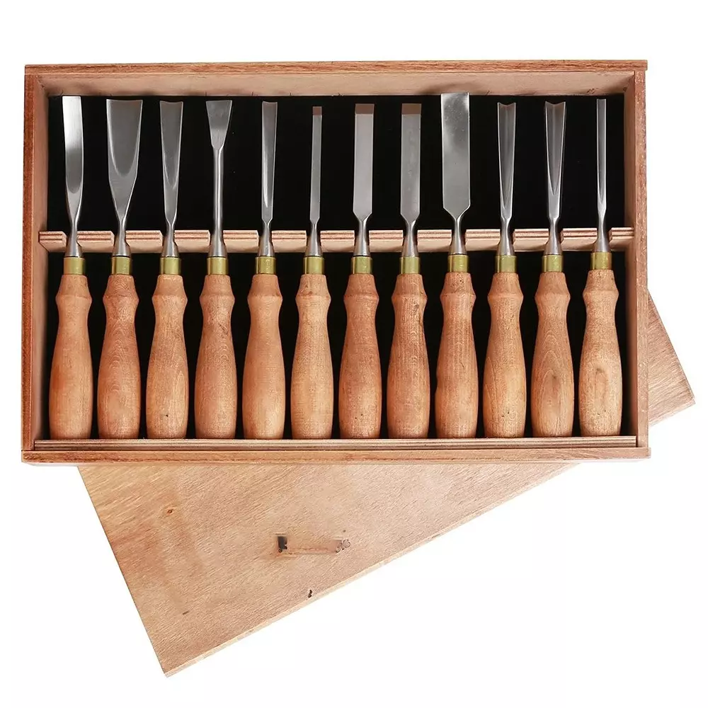 Jawsons Professional Wood Carving Chisel Set CRV Steel with Wooden Handles & Storage Box (Set of 12 Pcs)