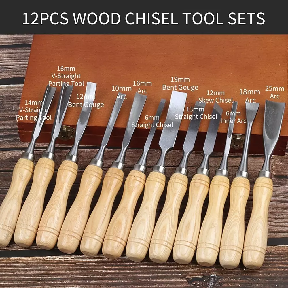 Jawsons Professional Wood Carving Chisel Set CRV Steel with Wooden Handles & Storage Box (Set of 12 Pcs)