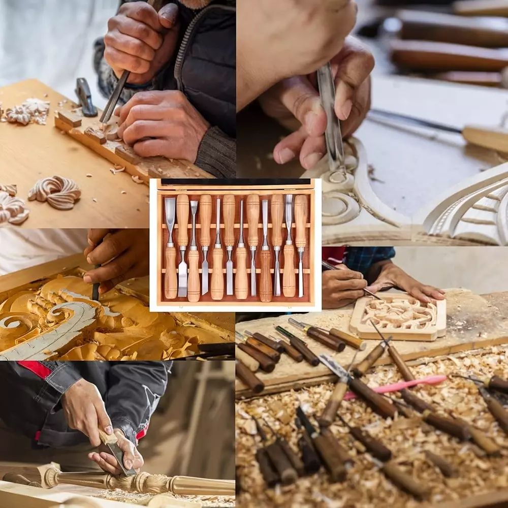 Jawsons Professional Wood Carving Chisel Set CRV Steel with Wooden Handles & Storage Box (Set of 12 Pcs)