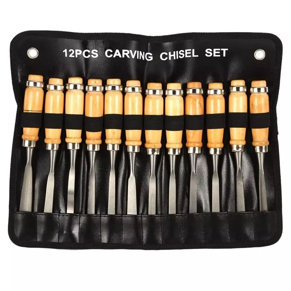 Jawsons Professional Wood Carving Chisel Set Hardened Steel with Polished Wood Handle & Roll-Up Storage Case (Set of 12 Pcs)