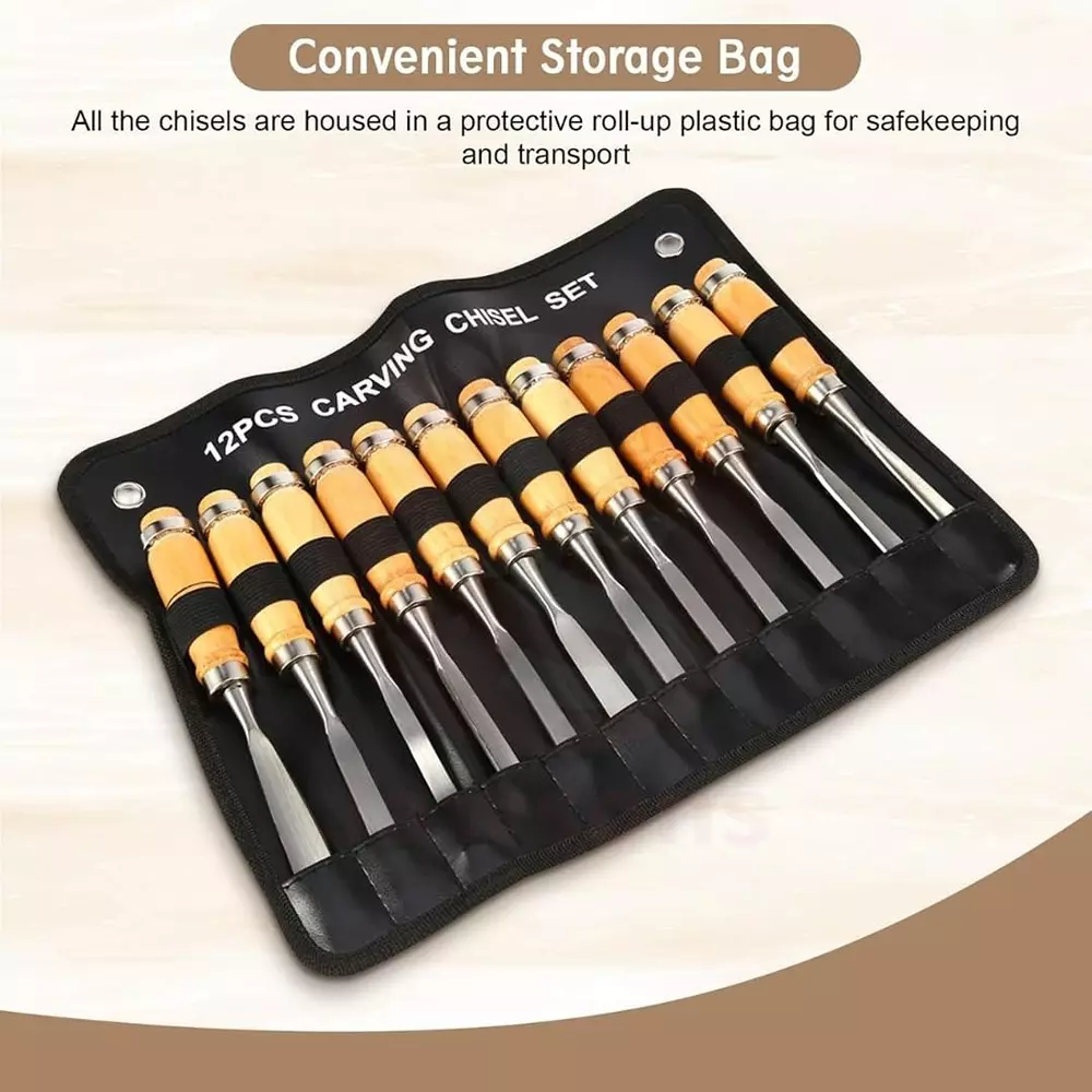 Jawsons Professional Wood Carving Chisel Set Hardened Steel with Polished Wood Handle & Roll-Up Storage Case (Set of 12 Pcs)