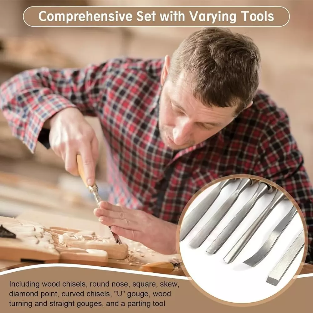 Jawsons Professional Wood Carving Chisel Set Hardened Steel with Polished Wood Handle & Roll-Up Storage Case (Set of 12 Pcs)