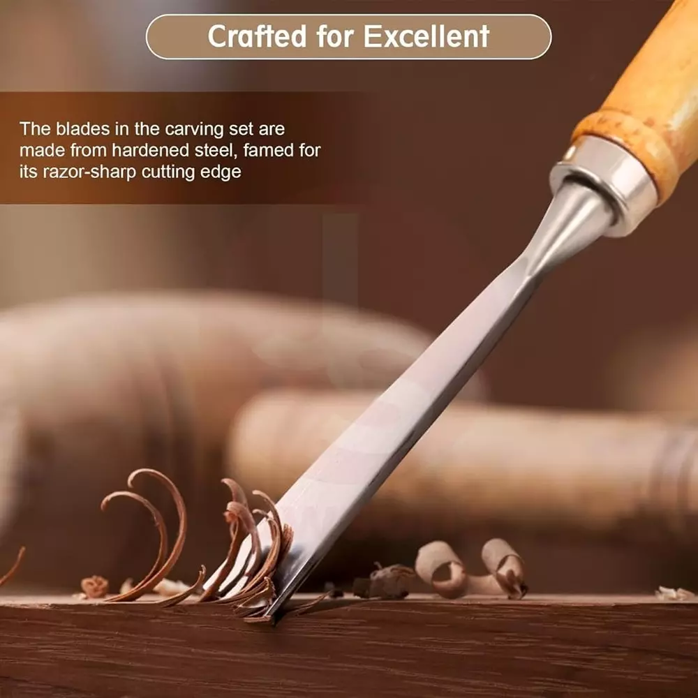 Jawsons Professional Wood Carving Chisel Set Hardened Steel with Polished Wood Handle & Roll-Up Storage Case (Set of 12 Pcs)