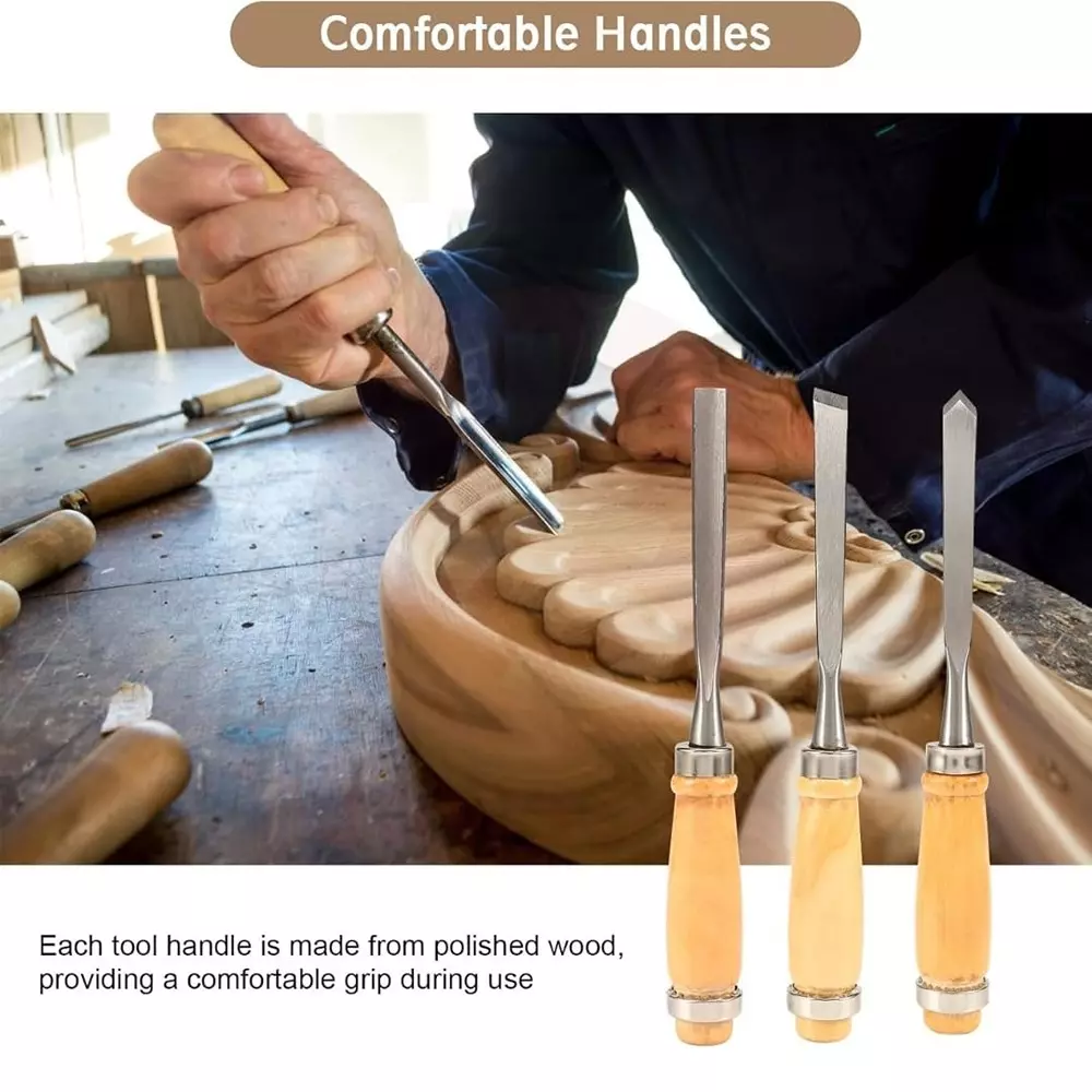 Jawsons Professional Wood Carving Chisel Set Hardened Steel with Polished Wood Handle & Roll-Up Storage Case (Set of 12 Pcs)