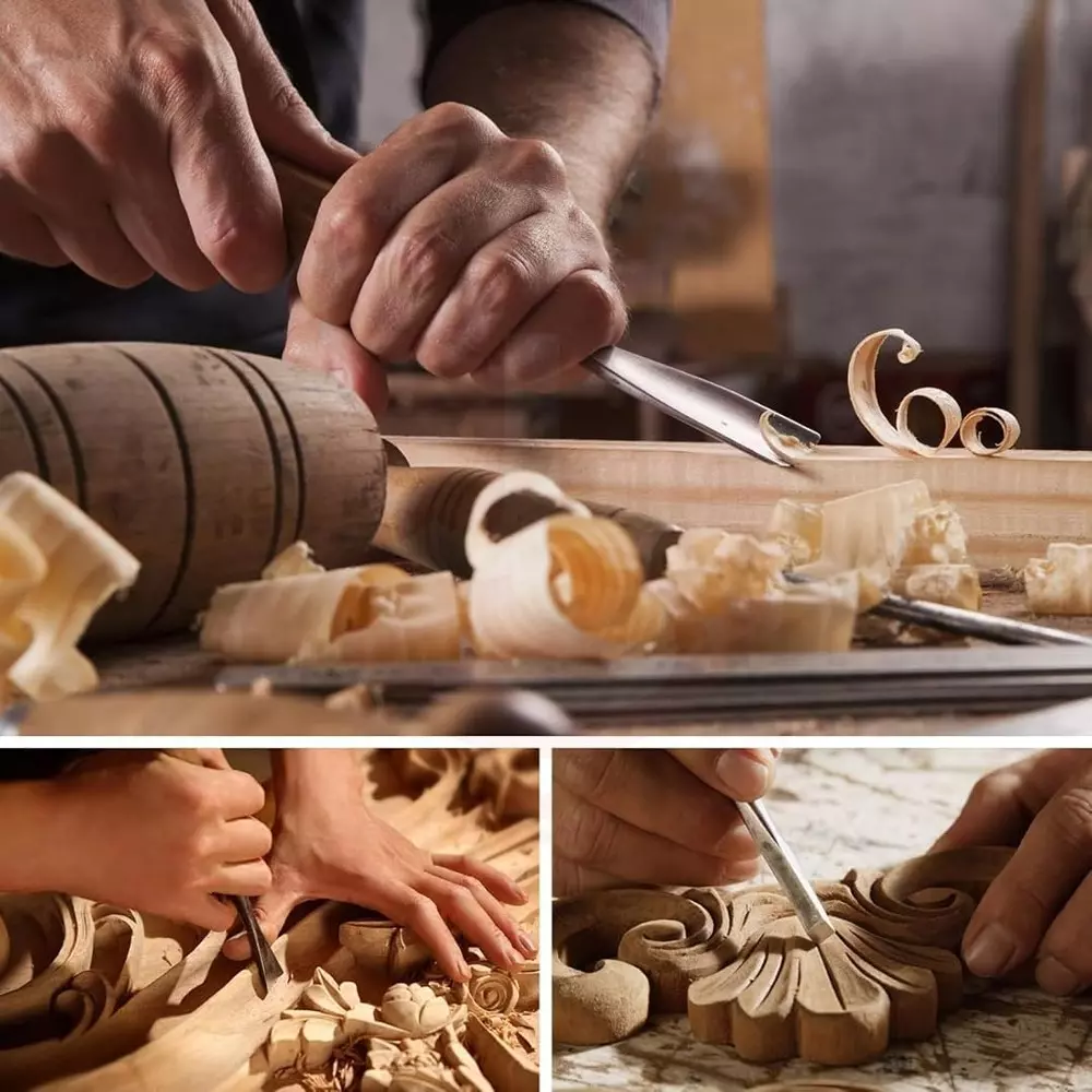 Jawsons Professional Wood Carving Chisel Set Hardened Steel with Polished Wood Handle & Roll-Up Storage Case (Set of 12 Pcs)