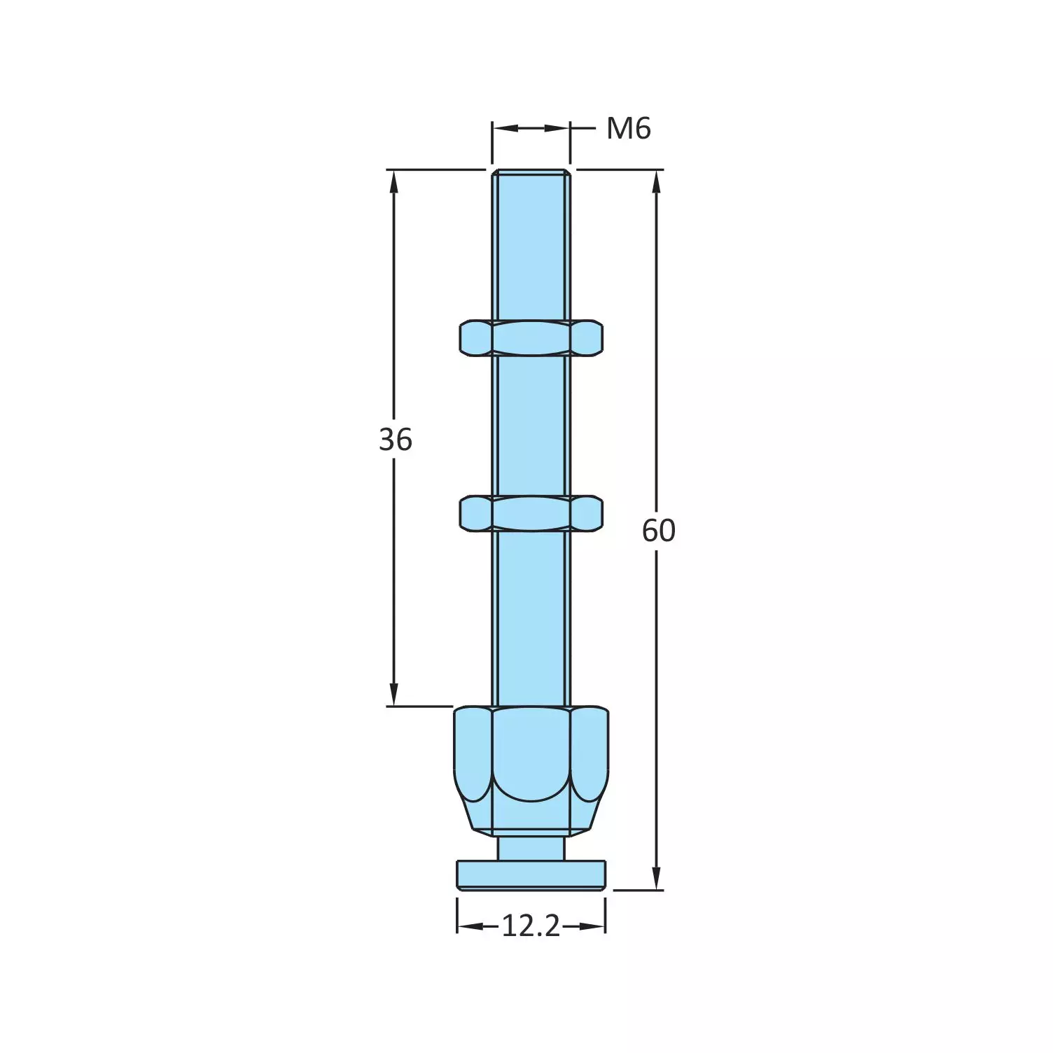 STEEL-SMITH Swivel Foot Spindle with 2 Nuts M6 Dia, SW-645-2N (Set of 3 Pcs)