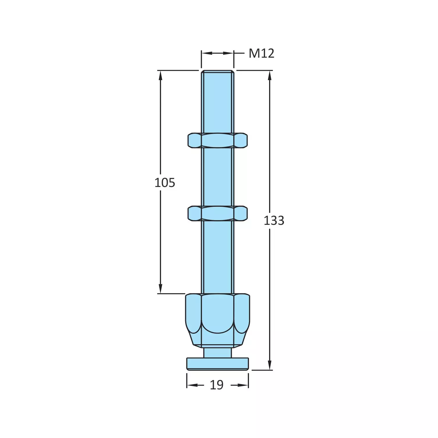 STEEL-SMITH Swivel Foot Spindle with 2 Nuts M12 Dia, SW-12115-2N (Set of 3 Pcs)