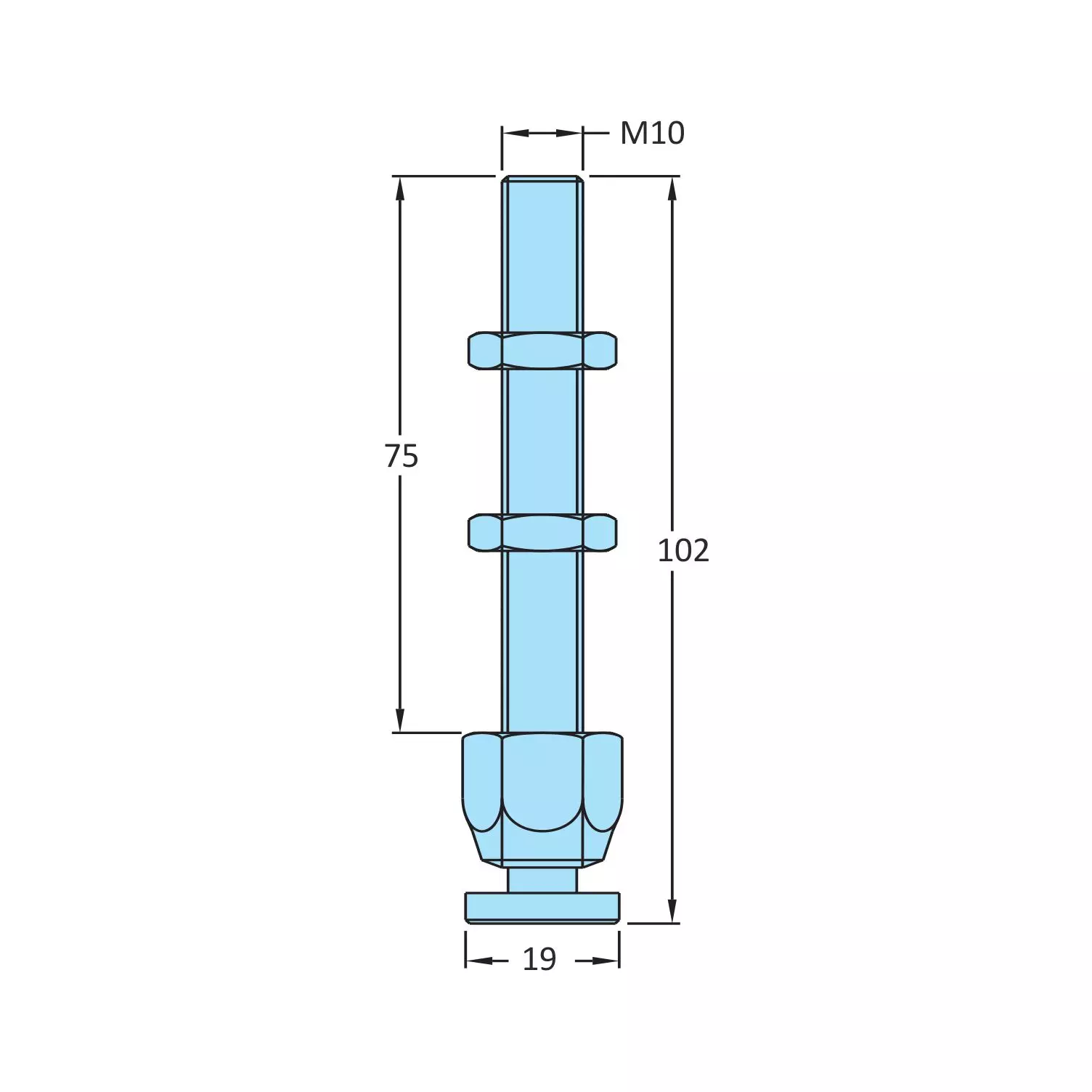 STEEL-SMITH Swivel Foot Spindle with 2 Nuts M10 Dia, SW-1085-2N (Set of 3 Pcs)