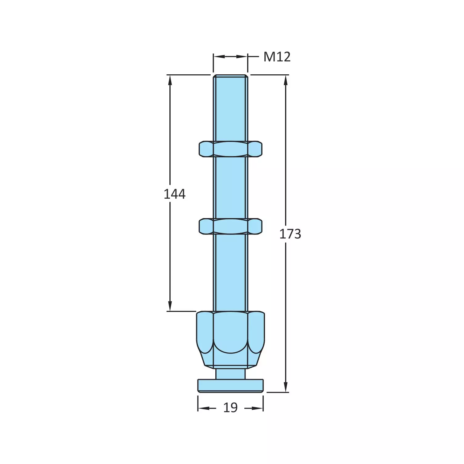 STEEL-SMITH Swivel Foot Spindle with 2 Nuts M12 Dia, SW-12155-2N (Set of 3 Pcs)
