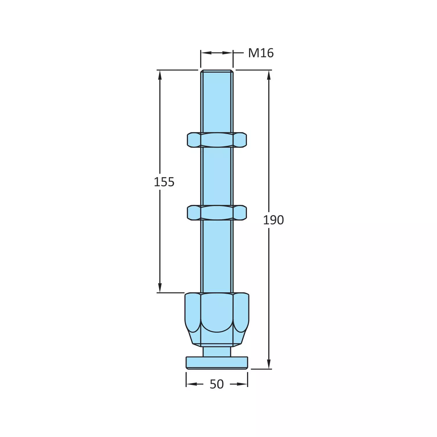 STEEL-SMITH Swivel Foot Spindle with 2 Nuts M16 Dia, SW-16170-2N (Set of 3 Pcs)