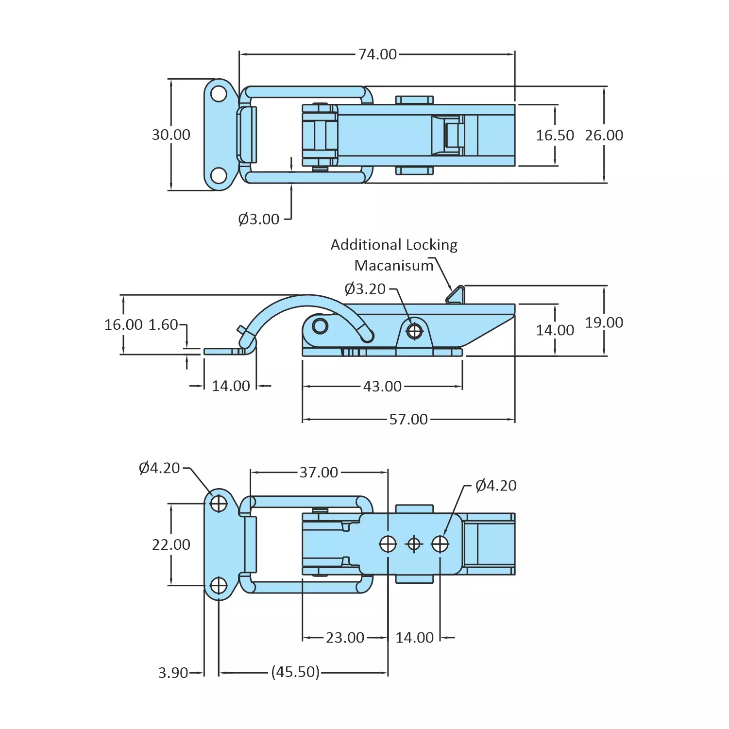 STEEL-SMITH Non-Adjustable Latch Medium Duty with Additional Locking Mechanism, PAH-27-1570-TRIG-SS