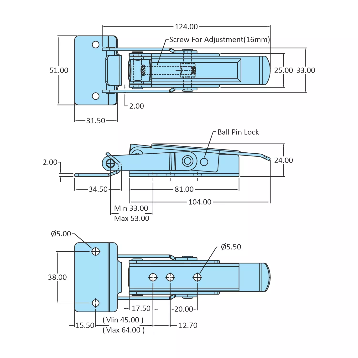 STEEL-SMITH Heavy Duty Ball Pin Lock-Adjustable Latch, PAH-61-200-BATRIG-SS