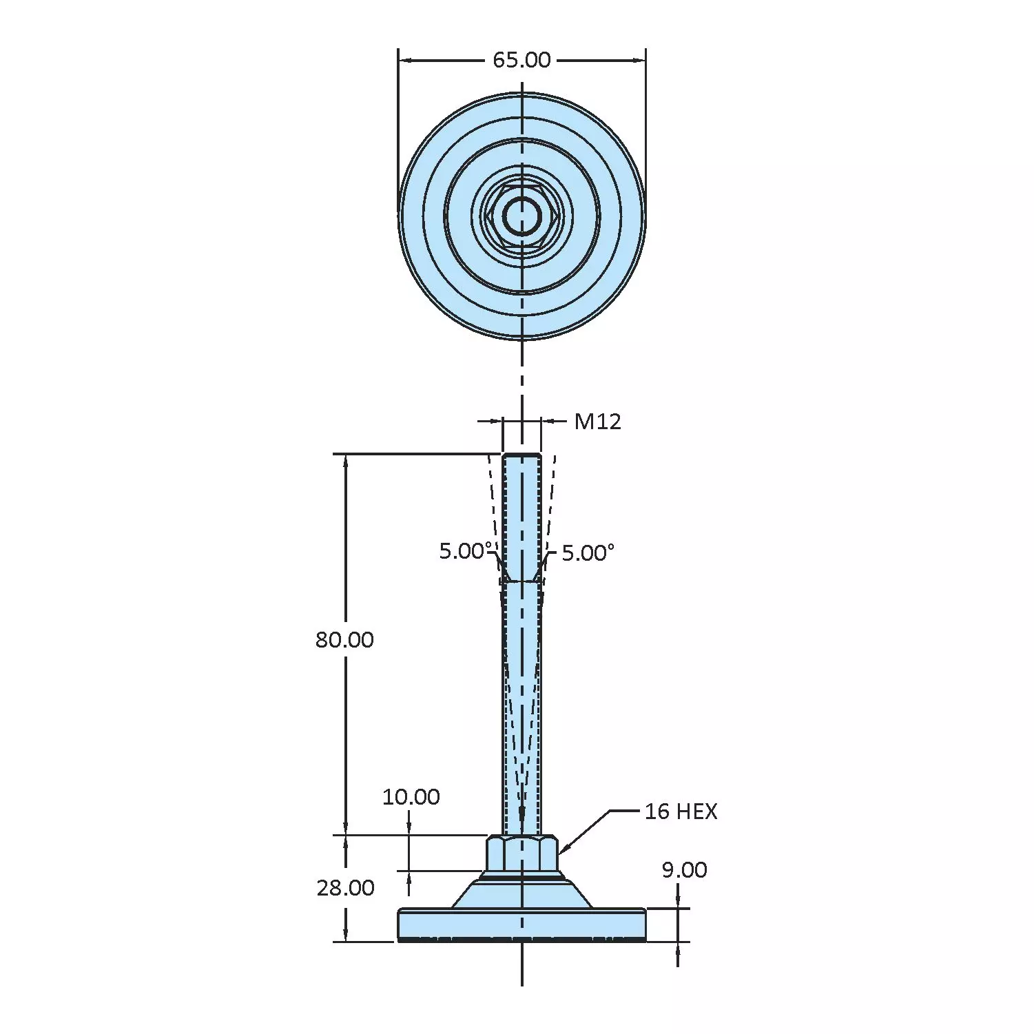 STEEL-SMITH Anti-Skid Leveling Pad Non-Swivel Dia M12 x 80 Length, SLPM-SM-60-1280-RP