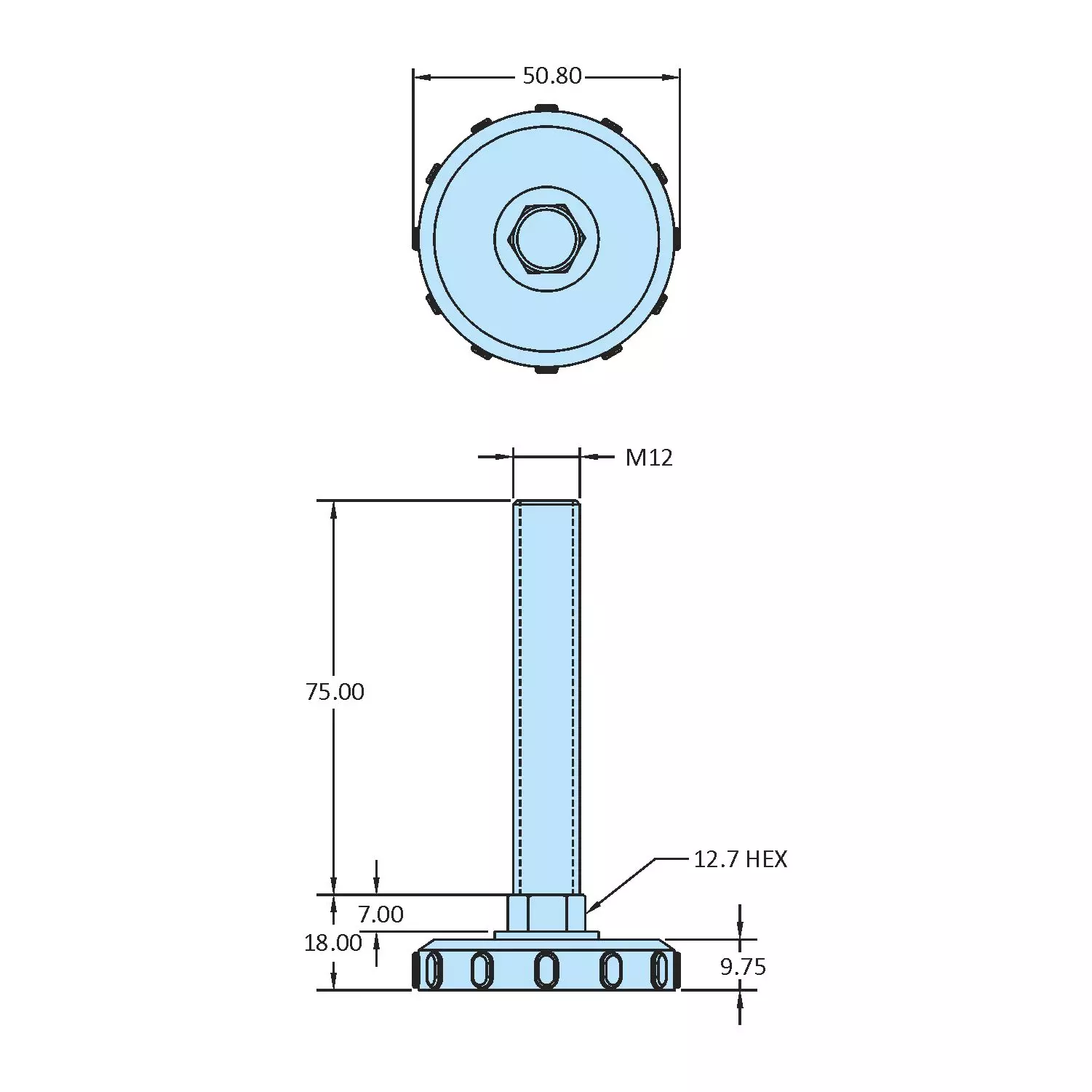 STEEL-SMITH Fixed Leveling Pad Dia M12 x 75 Length, LPF-1275-50
