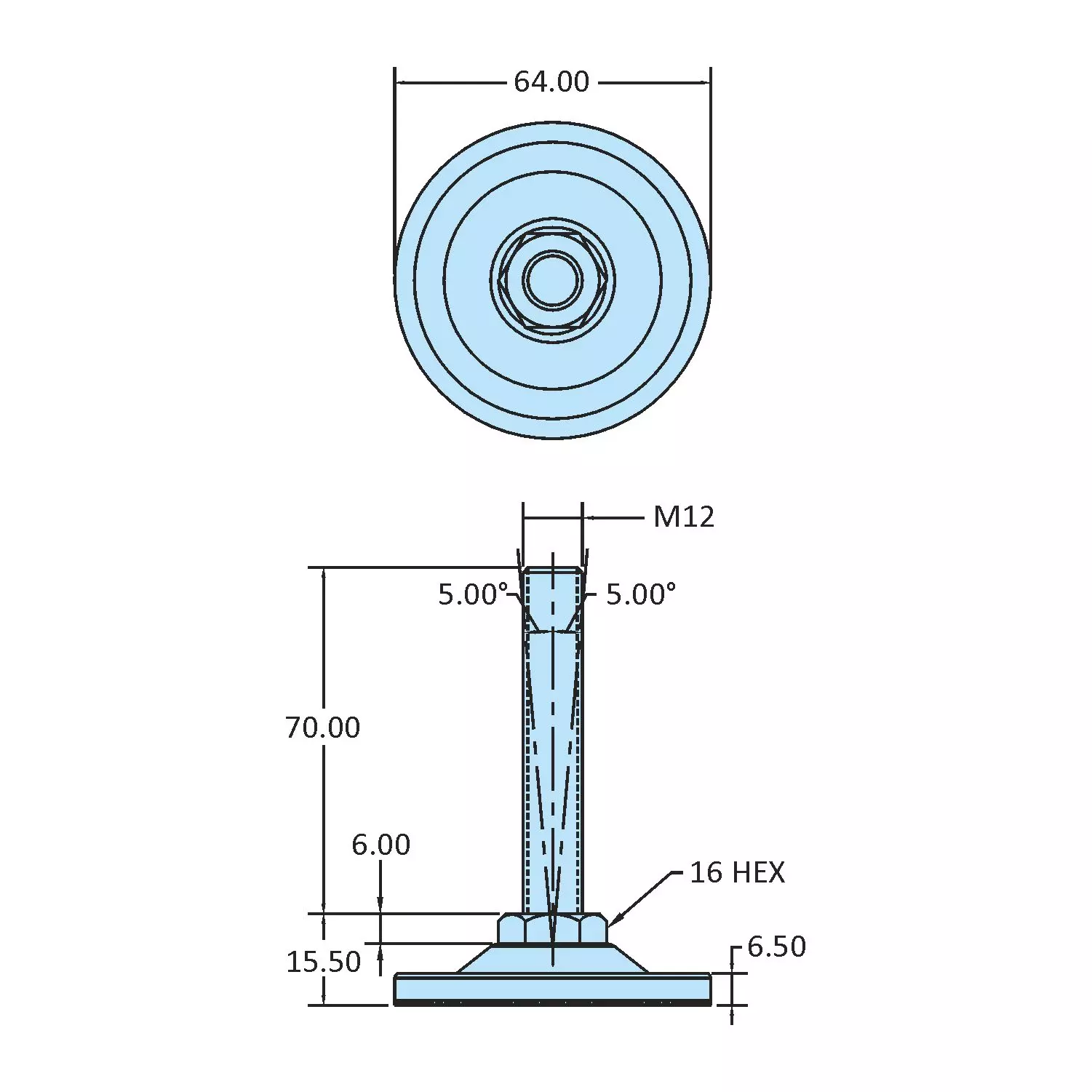 STEEL-SMITH Anti-Skid Swivel Leveling Pad Dia M12 x 70 Length, SLPM-SM-60-LD-1270-RP