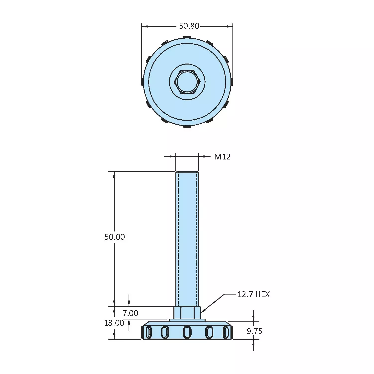 STEEL-SMITH Fixed Leveling Pad Dia M12 x 50 Length, LPF-1250-50-SS