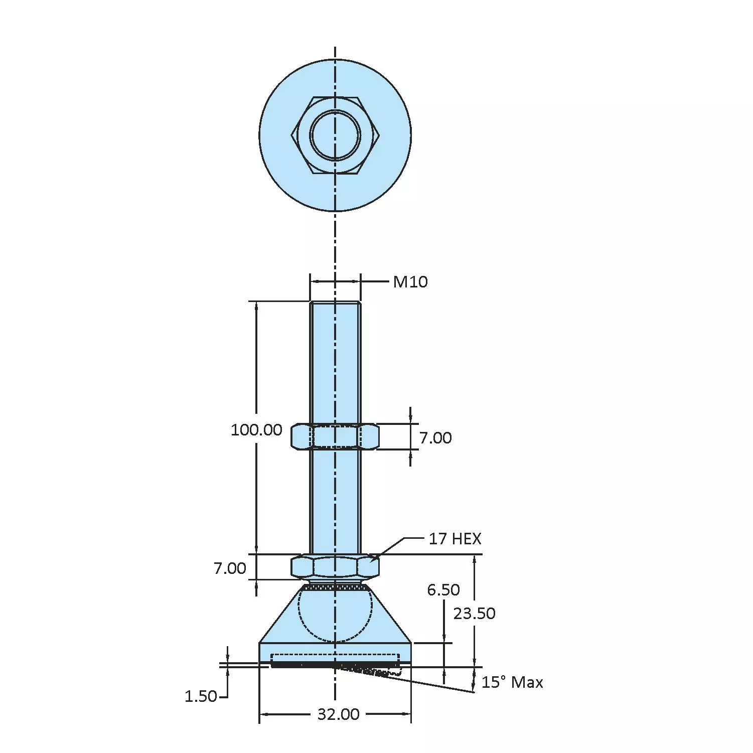 STEEL-SMITH Anti-Skid Leveling Pad Dia M10 x 100 Length, SLPM-10100-RP