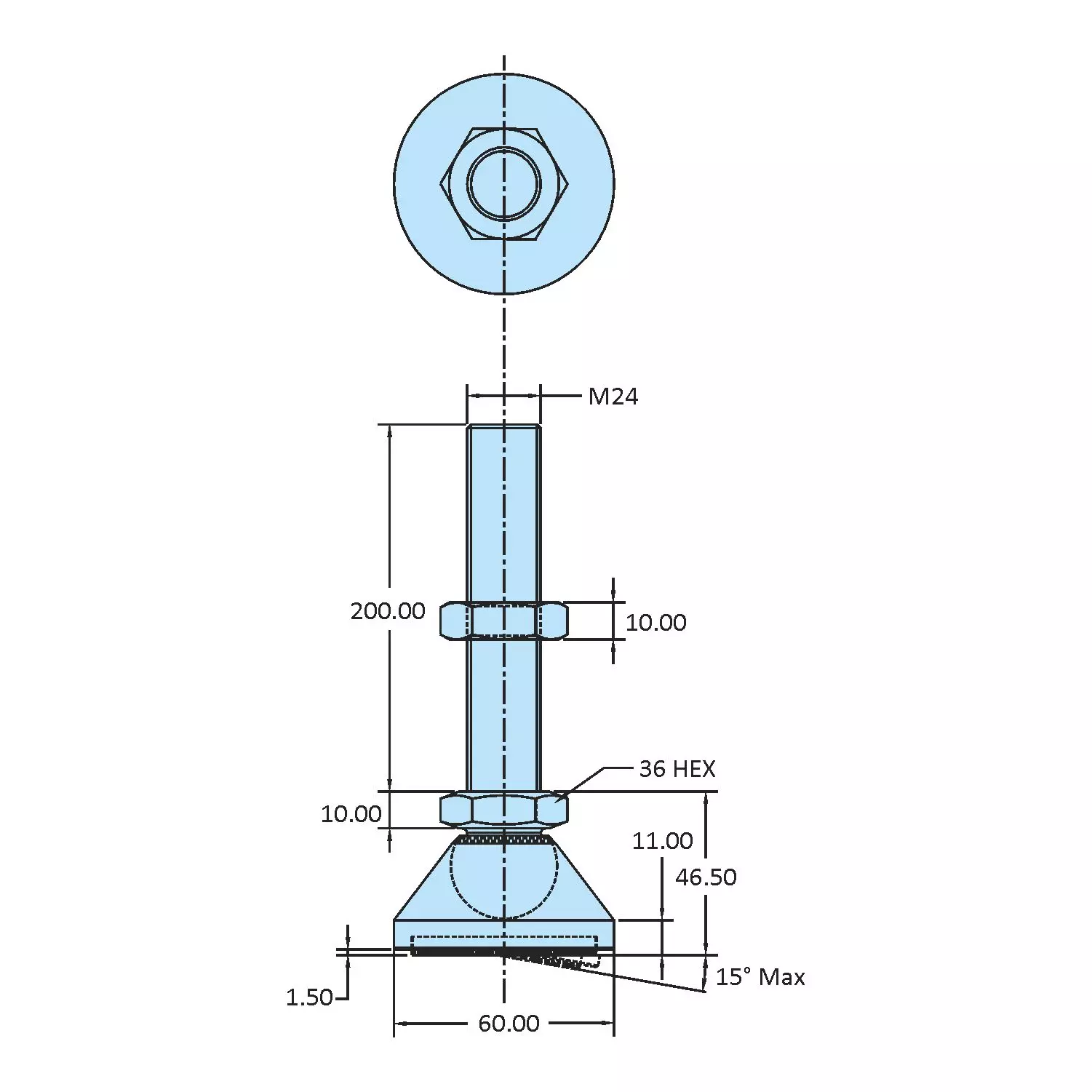 STEEL-SMITH Anti-Skid Leveling Pad Dia M24 x 200 Length, SLPM-24200-RP