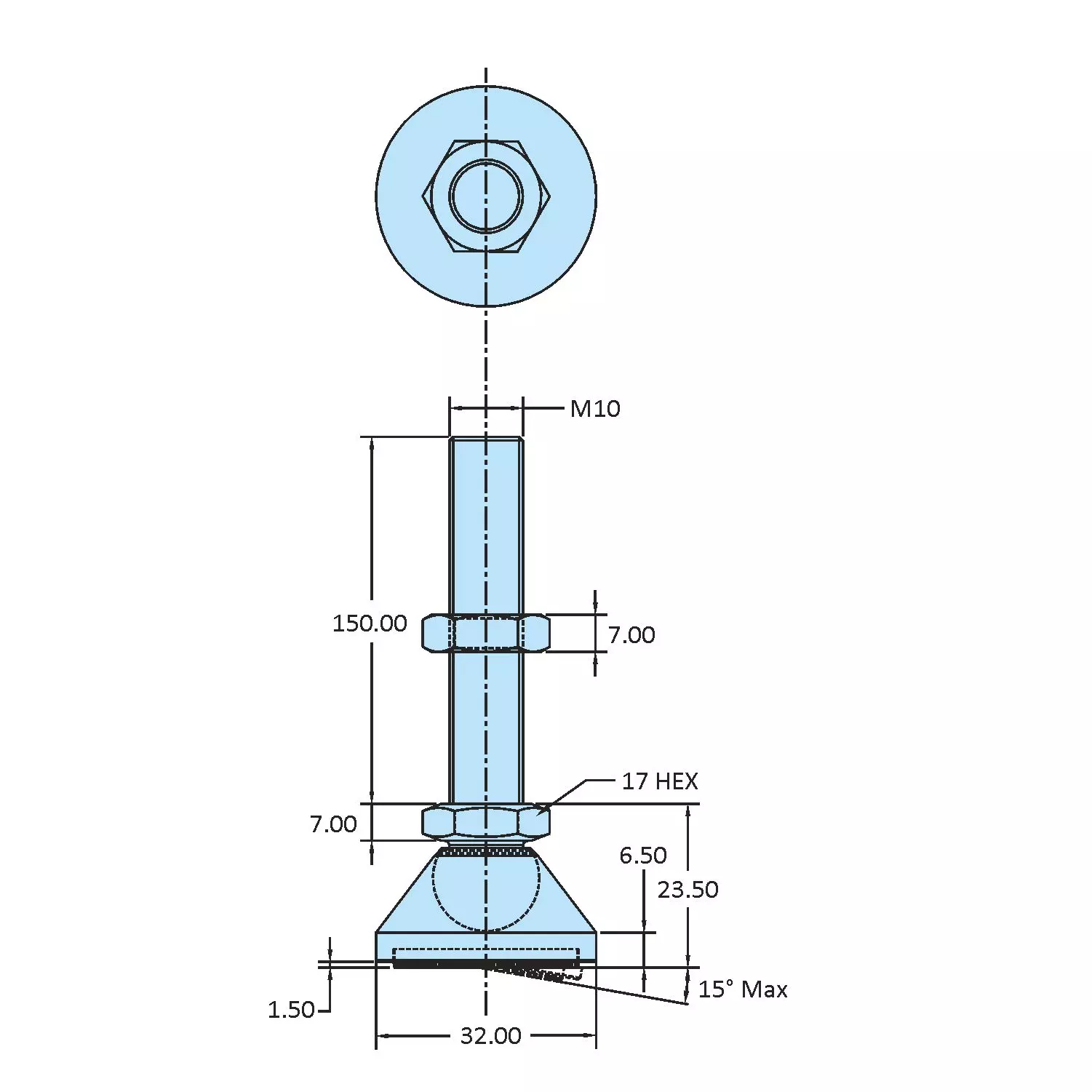 STEEL-SMITH Anti-Skid Leveling Pad Dia M10 x Length 150 mm, SLPM-10150-RP-SS