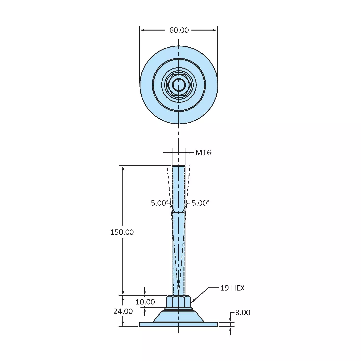 STEEL-SMITH Non-Swivel Leveling Pad Dia M16 x 150 Length, SLPM-SM-60-16150