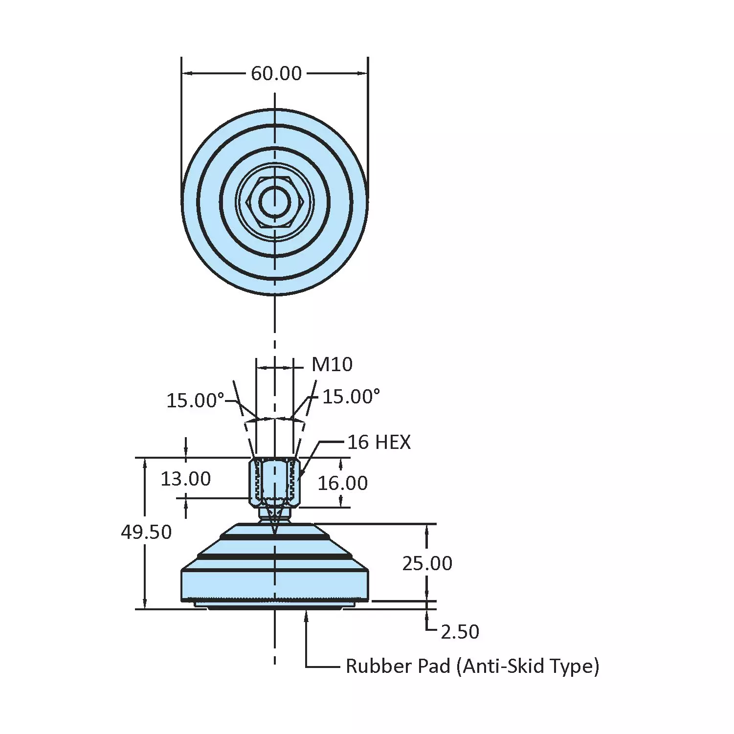 STEEL-SMITH Technopolymer Plastic Base Leveling Pad Anti-skid Dia M10 x 13 Length, TPLPF-10-60