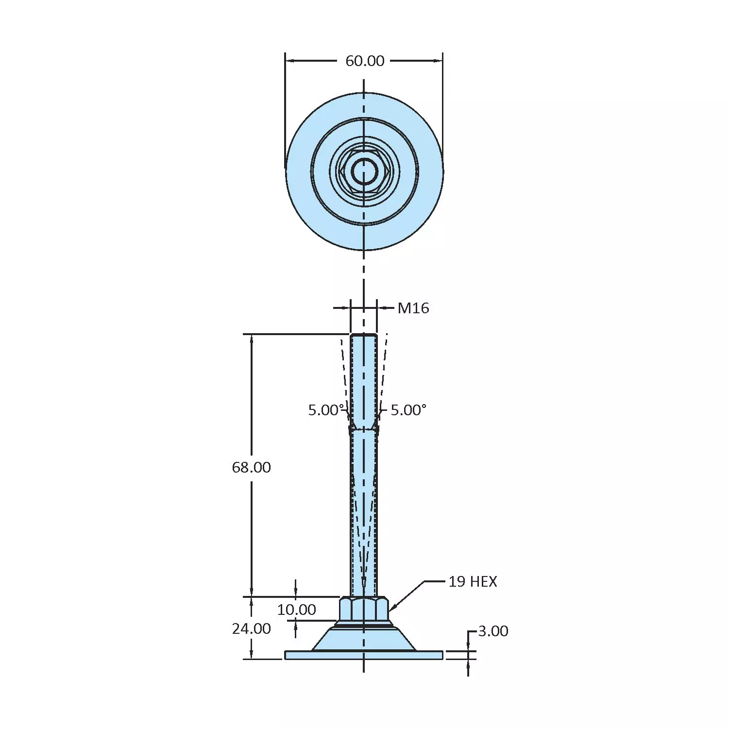 STEEL-SMITH Non-Swivel Leveling Pad Dia M16 x 68 Length, SLPM-SM-60-1668