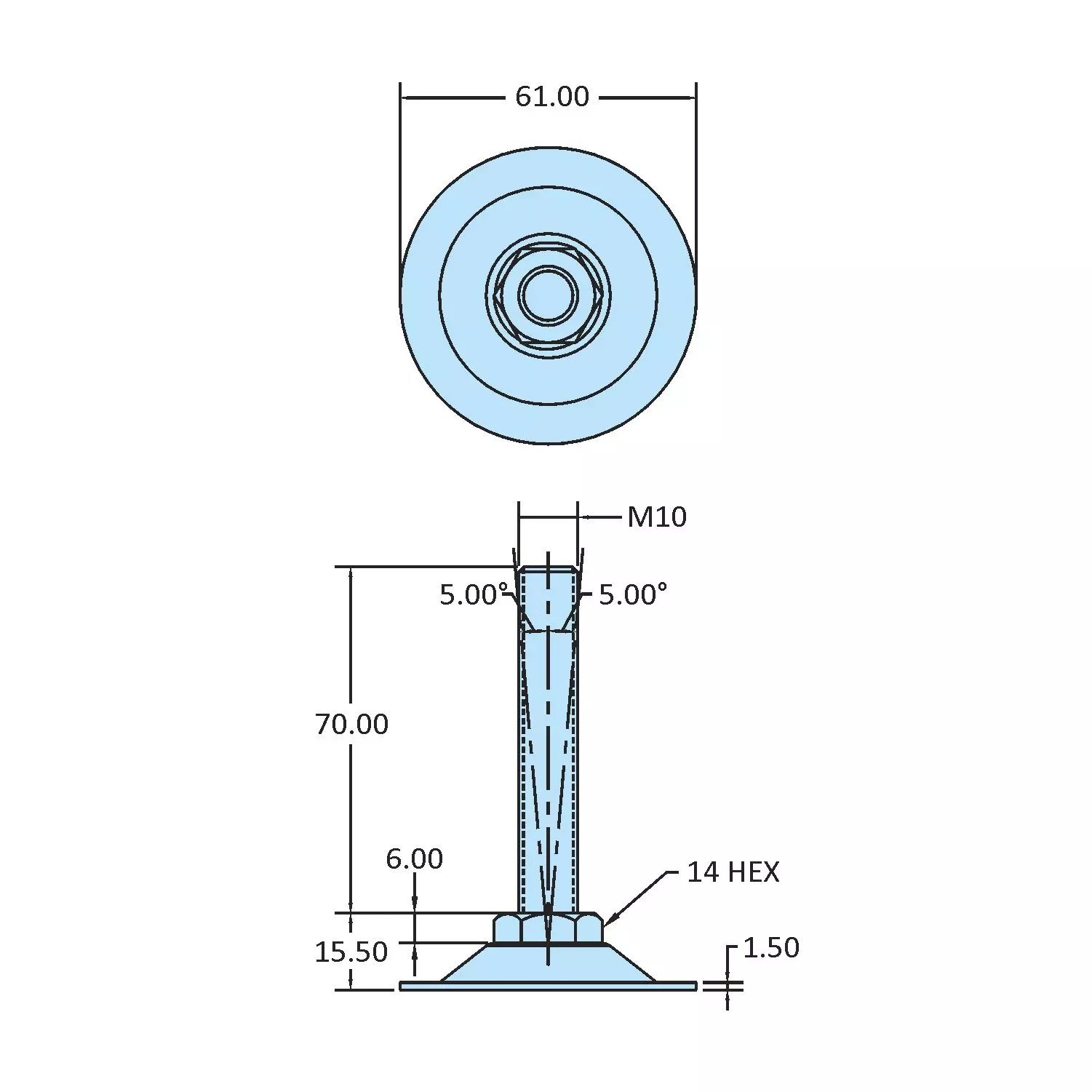 STEEL-SMITH Swivel Leveling Pad Dia M10 x 70 Length, SLPM-SM-60-LD-1070-SS