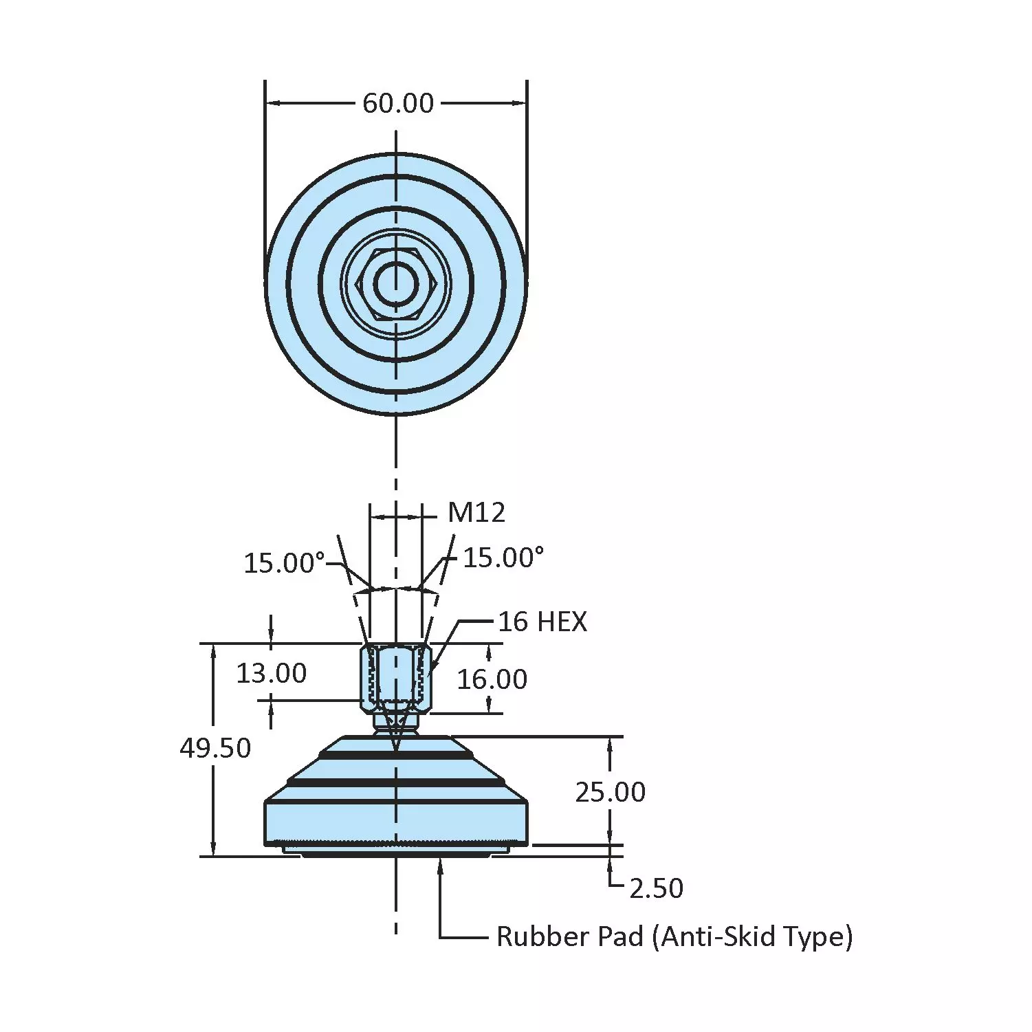 STEEL-SMITH Technopolymer Plastic Base Leveling Pad Anti-skid Dia M12 x 13 Length, TPLPF-12-80