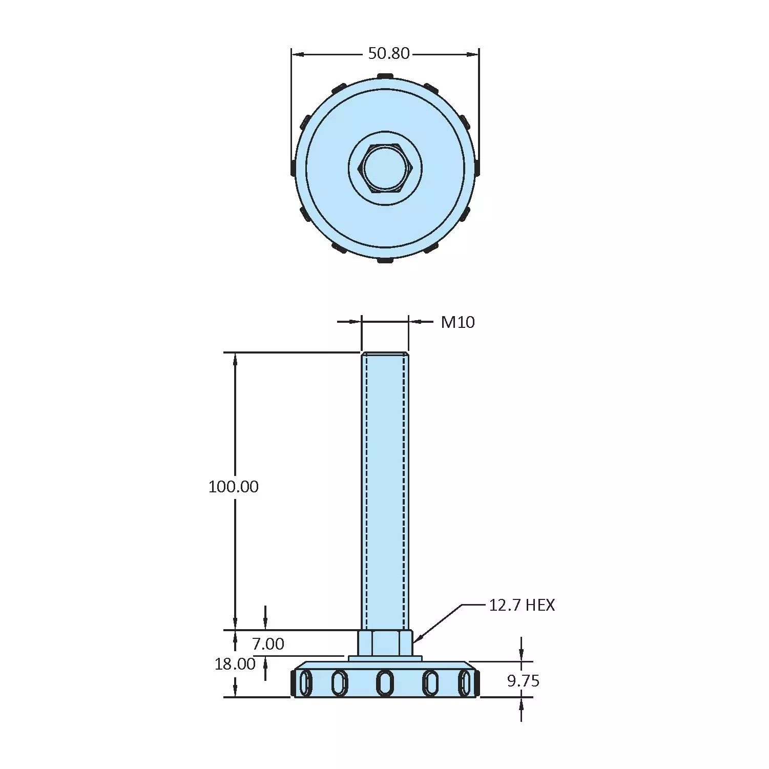 STEEL-SMITH Fixed Leveling Pad Dia M10 x 100 Length, LPF-10100-50-SS