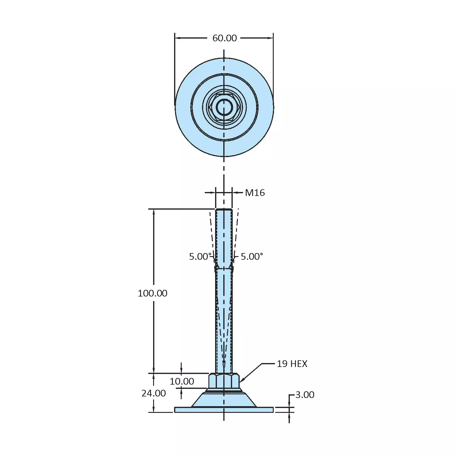 STEEL-SMITH Non-Swivel Leveling Pad Dia M16 x 100 Length, SLPM-SM-60-16100