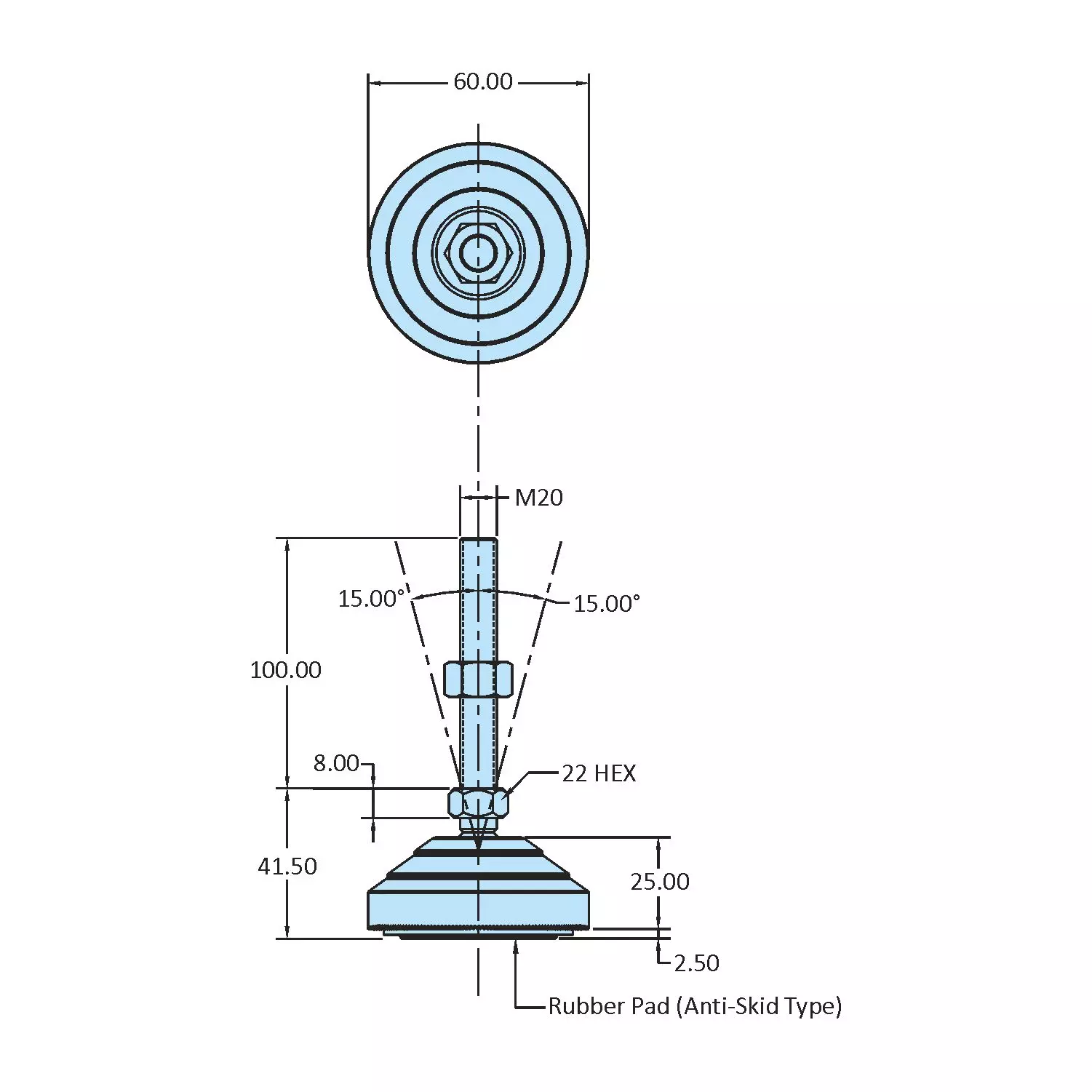 STEEL-SMITH Technopolymer Plastic Base Leveling Pad Anti-skid Dia M20x100 Length, TPLP-20-100-60-SS