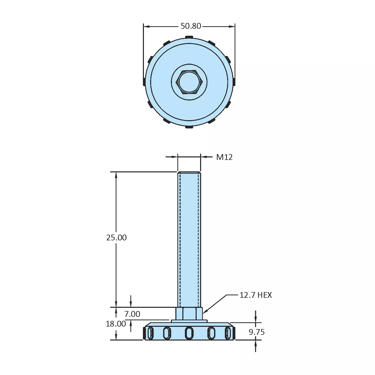 STEEL-SMITH Fixed Leveling Pad Dia M12 x 25 Length, LPF-1225-50-SS