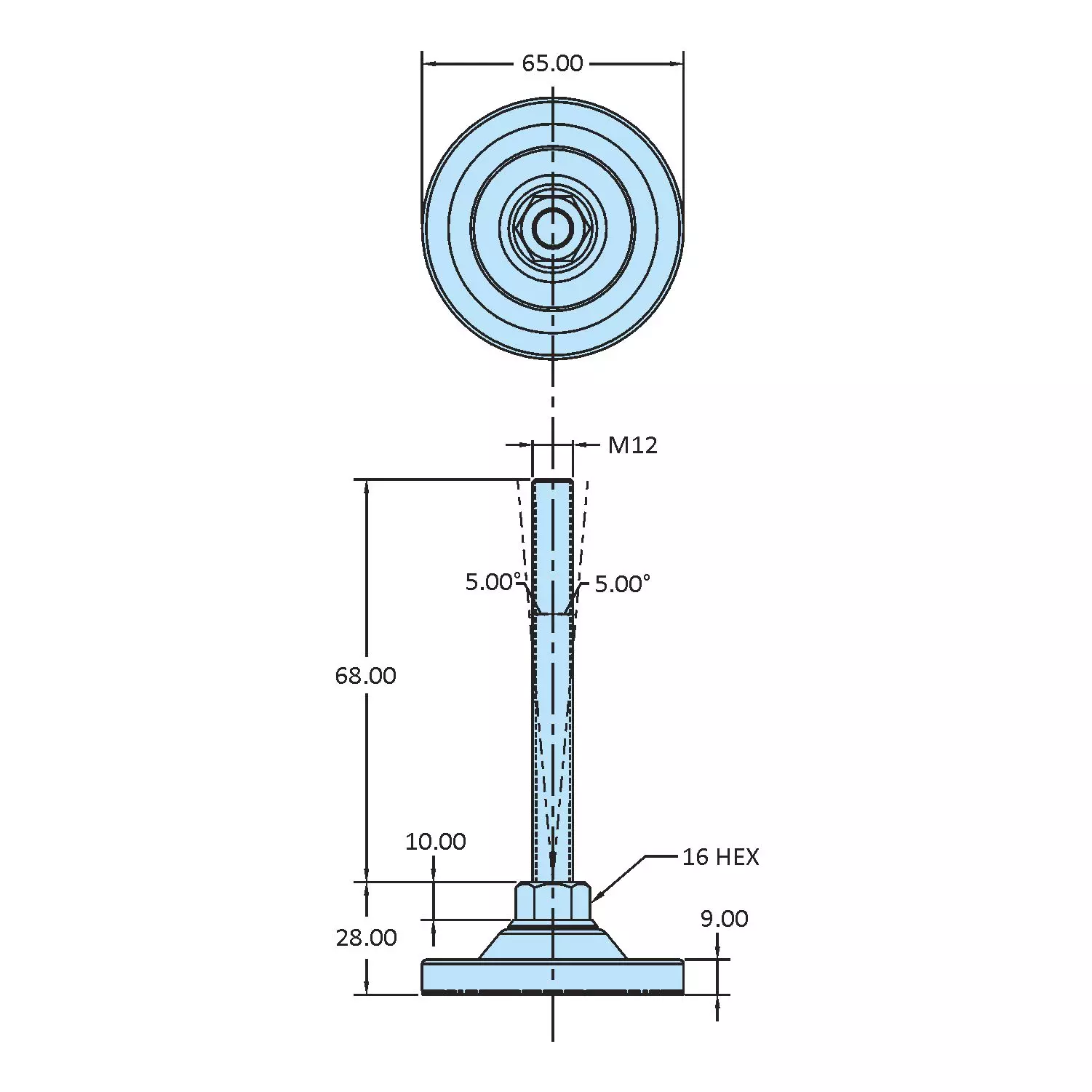 STEEL-SMITH Anti-Skid Leveling Pad Non-Swivel Dia M12 x 68 Length, SLPM-SM-60-1268-RP-SS