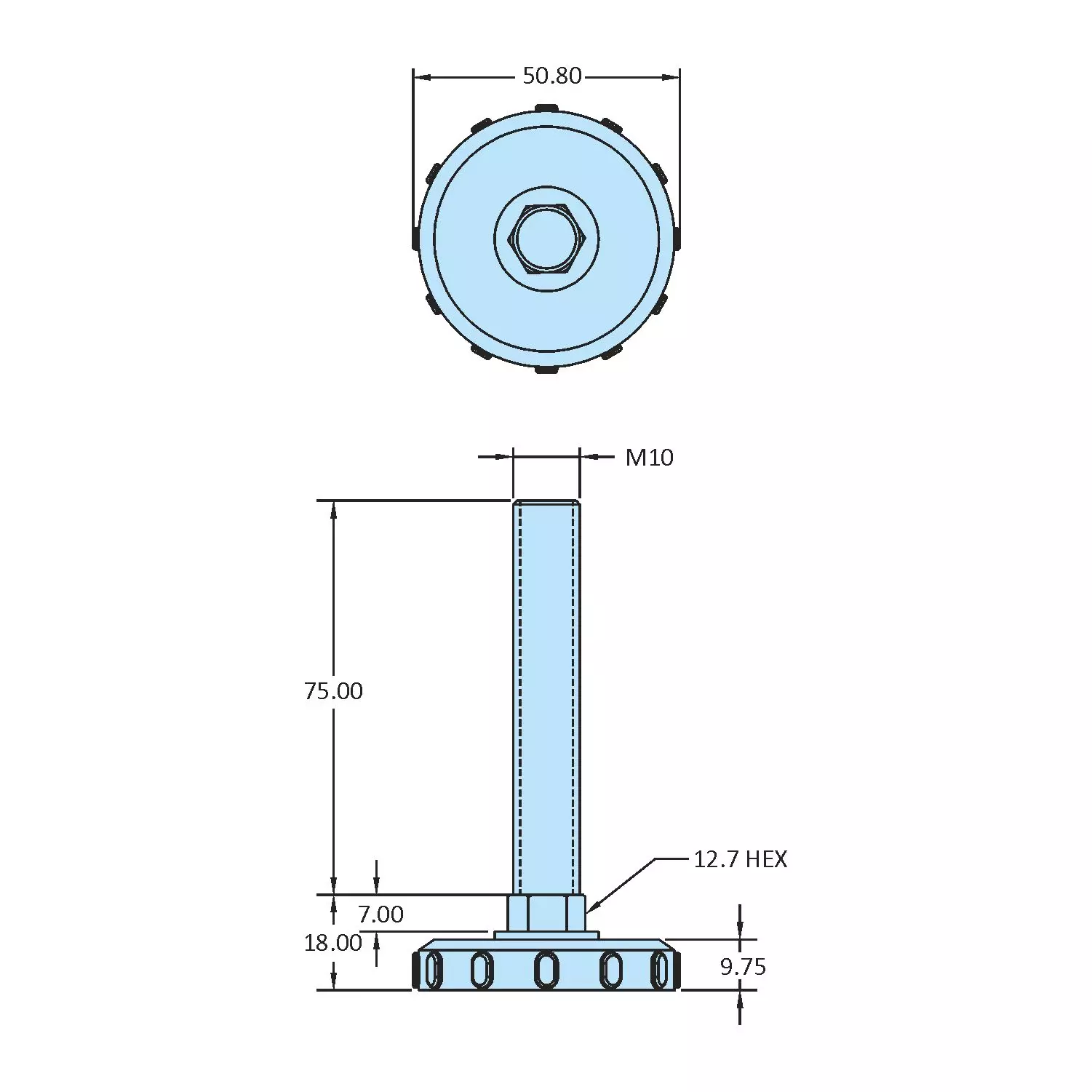 STEEL-SMITH Fixed Leveling Pad Dia M10 x 75 Length, LPF-1075-50